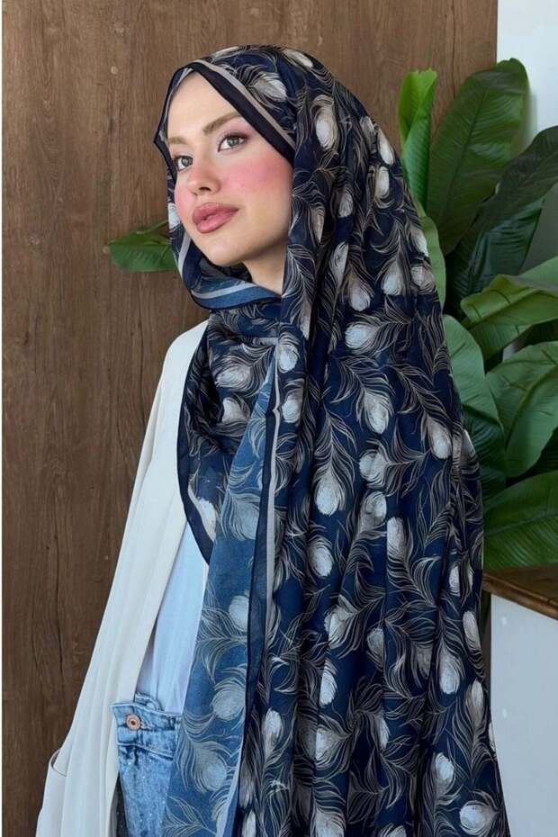 Feather Patterned Shawl Navy Blue - 1
