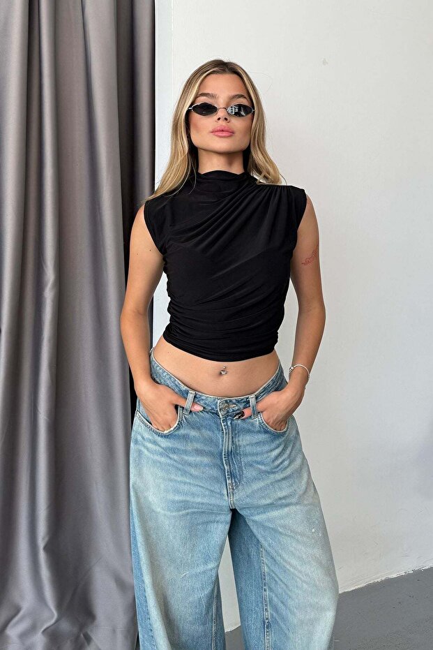 Women's Stand Collar Gathered Sleeveless Blouse Black - 2430