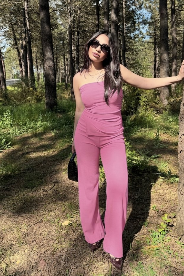 Women's Pink Strapless Blouse Pants Soft Cotton Set