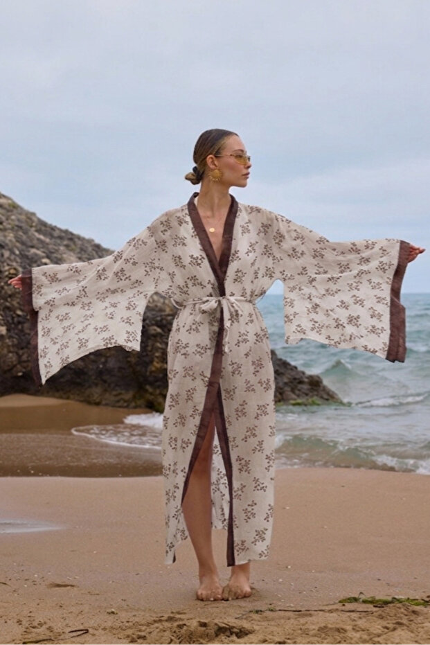 Beige Stone Belted Embroidered Pattern Printed Kimono 5097