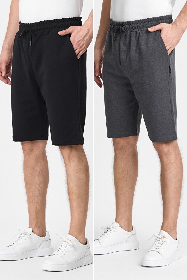 Men's Black-Anthracite Regular Fit Comfortable Cut 2-Piece Shorts with Side Pockets and Elastic Waist