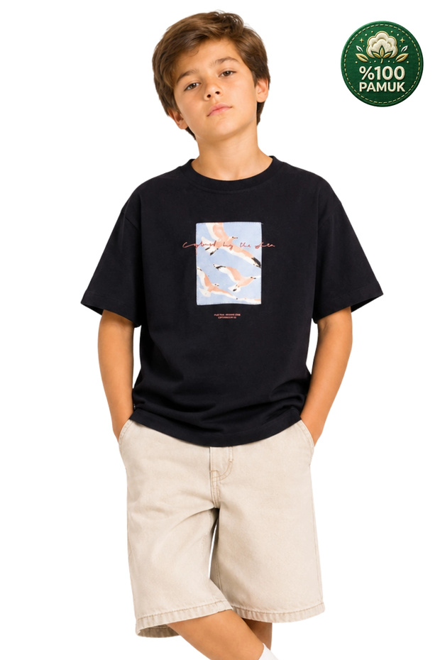 Boy's Basic Short Sleeve 100% Cotton T-Shirt with Seagull Appliqué Embroidery Detail, Comfortable Black T-Shirt