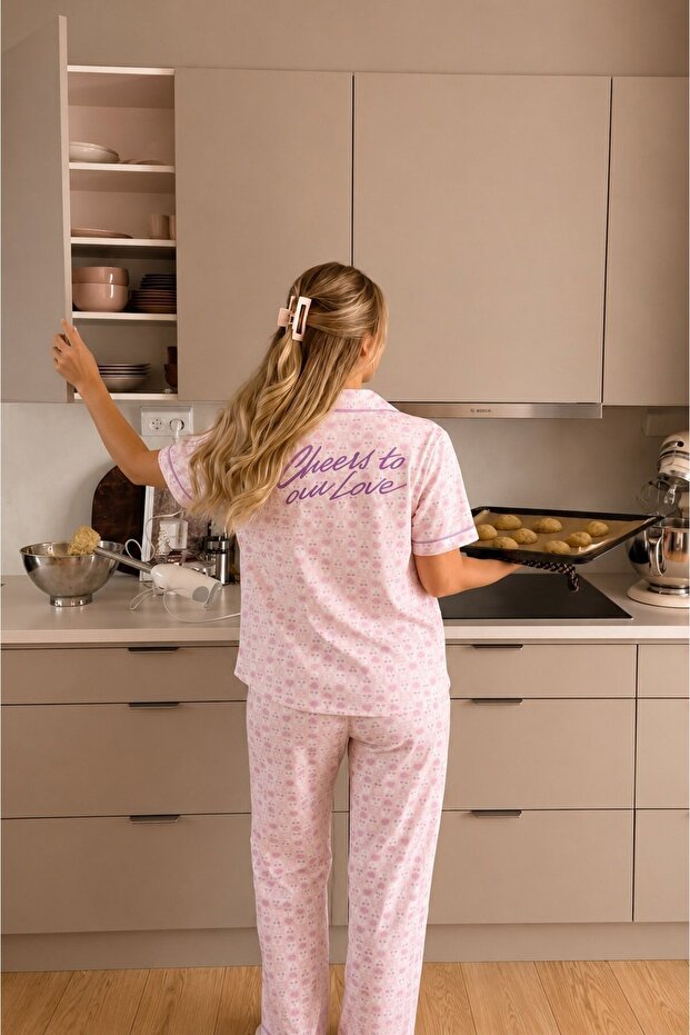 Shirt Collar Short Sleeve Buttoned Checkered Heart Patterned Shorts Milan Women's Pajama Set