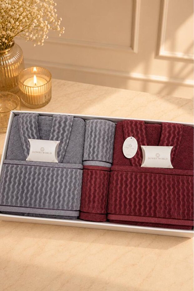 Nuvia 8 Piece Family Bathrobe Set Anthracite - Claret Red