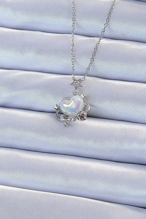316L Steel Chain Silver Color Zircon Stone Planet Look Heart Necklace