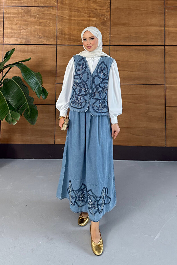 Women's Beaded Embroidered Vest Skirt Denim Set