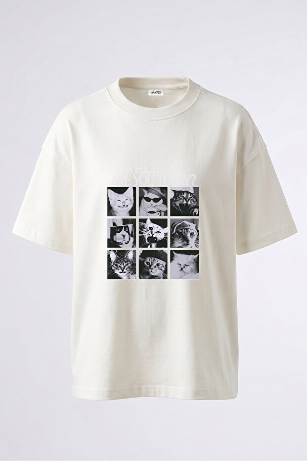 Cat Mood Design Back Printed Cotton White Oversize T-Shirt