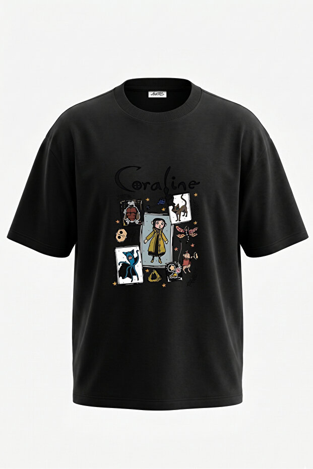 Coraline Film Design Back Printed Cotton Black Oversize T-Shirt