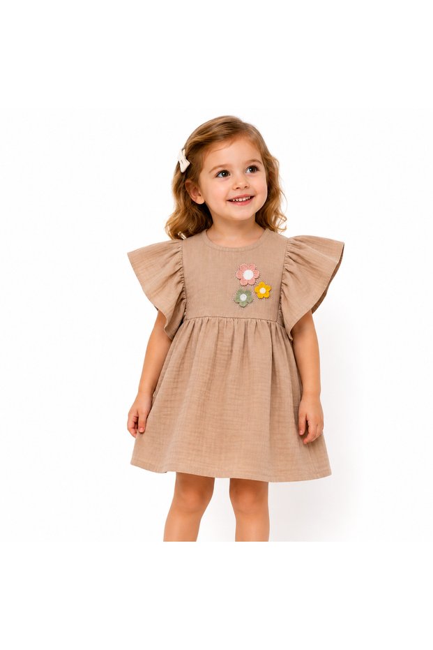 Girl's Summer Muslin Dress 100% Cotton Ruffle Sleeves Beige 1-2-3-4 Years Old