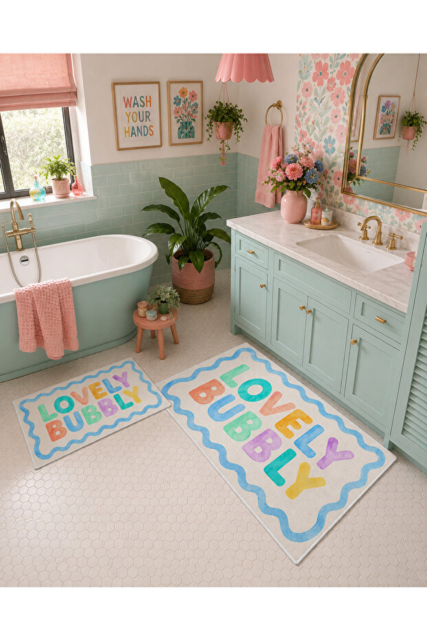 Lovely Bubble Written Non-Slip Base Bath Mat Set of 2 Colorful Modern Bathroom Rugs