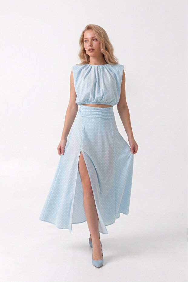 Polka Dot Patterned Shoulder Top, Gathered Detail, Slit Midi Set