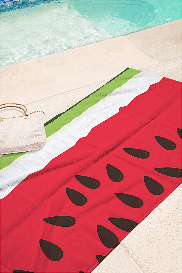 Watermelon Slice Beach Towel Coverlet - Tropical Modern Red Green Quick Drying Microfiber Towel Coverlet