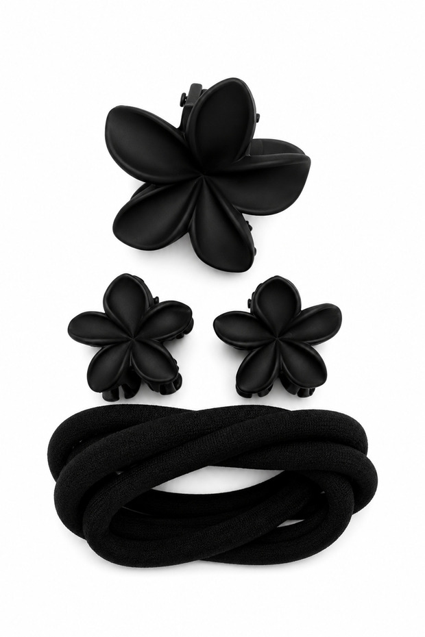 Black Floral Latch Clip and Rubber Hair Clip Set (4 Pieces)
