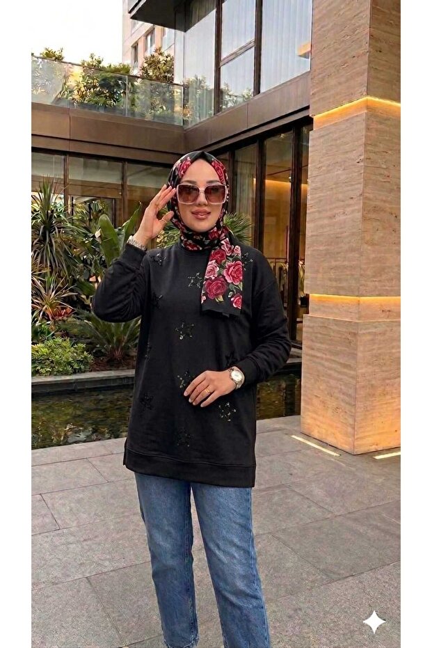 Women's Star Detailed Sequin Embroidered Hijab Sweatshirt