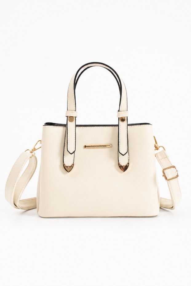 Women's Cream 4-Compartment Simple and Stylish Shoulder and Hand Bag with Gold Accessories S-1425