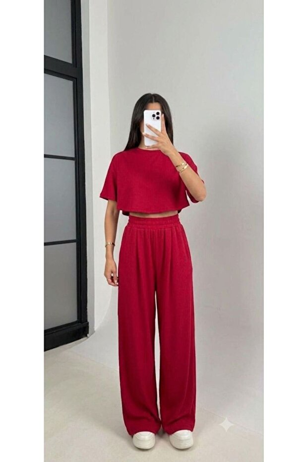 Women's Red Crop Blouse Casual Pants Modal Set
