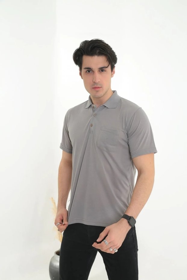 Dad Large Size Solid Color T-Shirt Polo Neck with Pockets