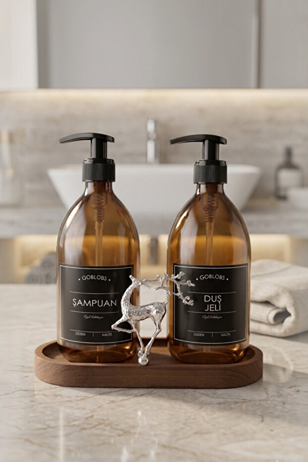 Soap Dispenser Amber Bottle Glass Double Shampoo-Shower Gel Bathroom Organizer Luxury Silver Deer Wood Stand 500ml