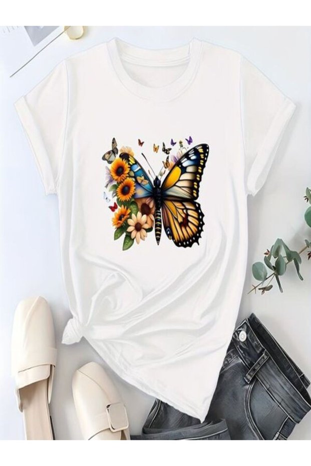 Flower and Butterfly Printed White T-Shirt