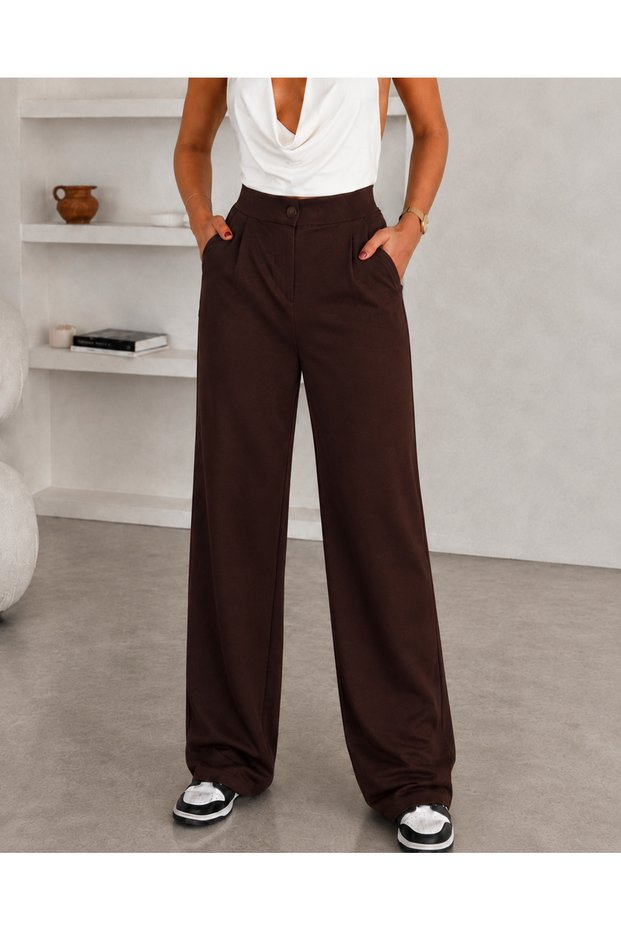 Women's Brown High Waist Button Closure Lycra Pleated Palazzo Knitted Trousers