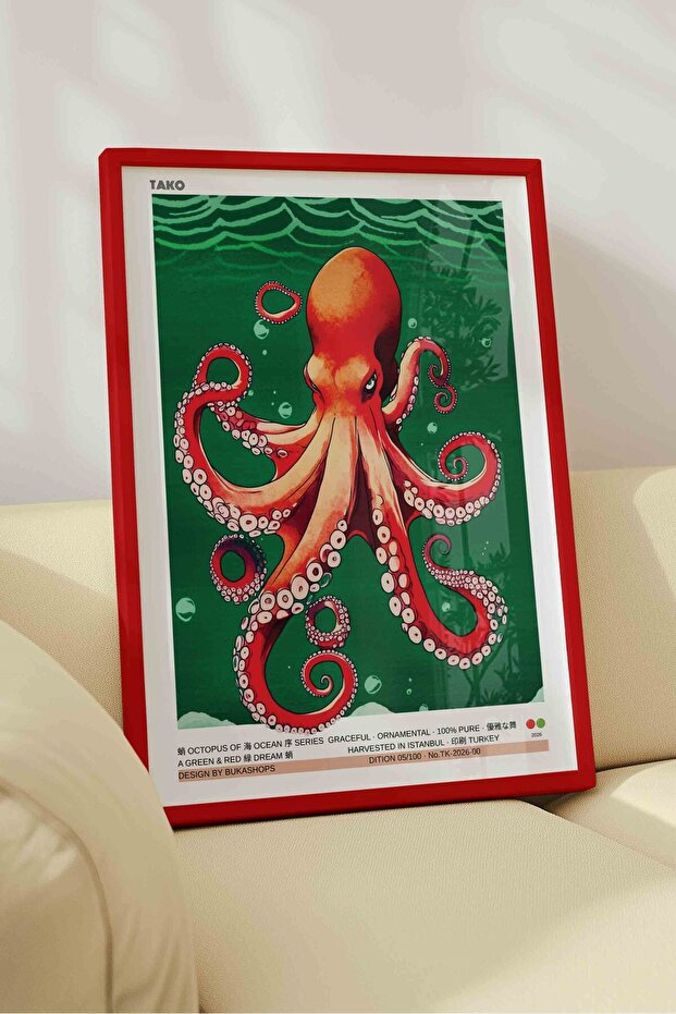 Octopus Painting Red Green Ocean – Modern Illustration Art Poster – Red Framed