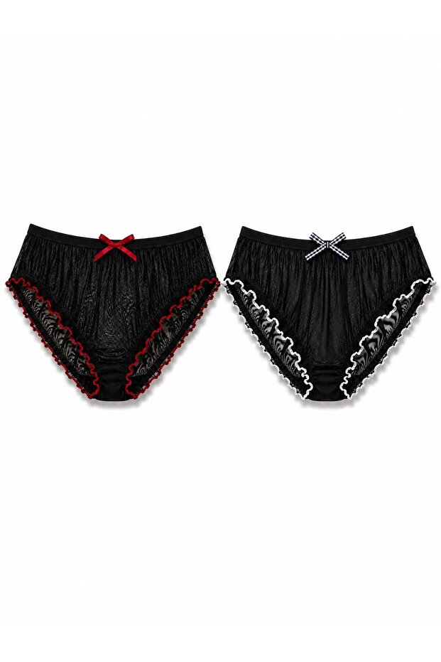Transparent Tulle Black Ruffled Panties 2-Pack Red & White Detailed