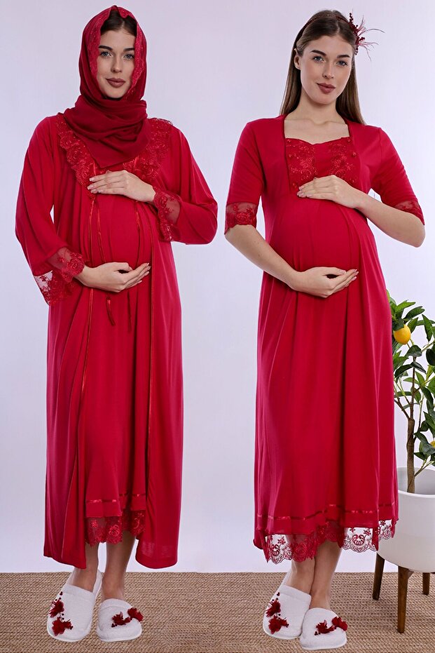 Cotton Maternity Nightgown Set with Hijab and Nursing Features Effortt - Cherry