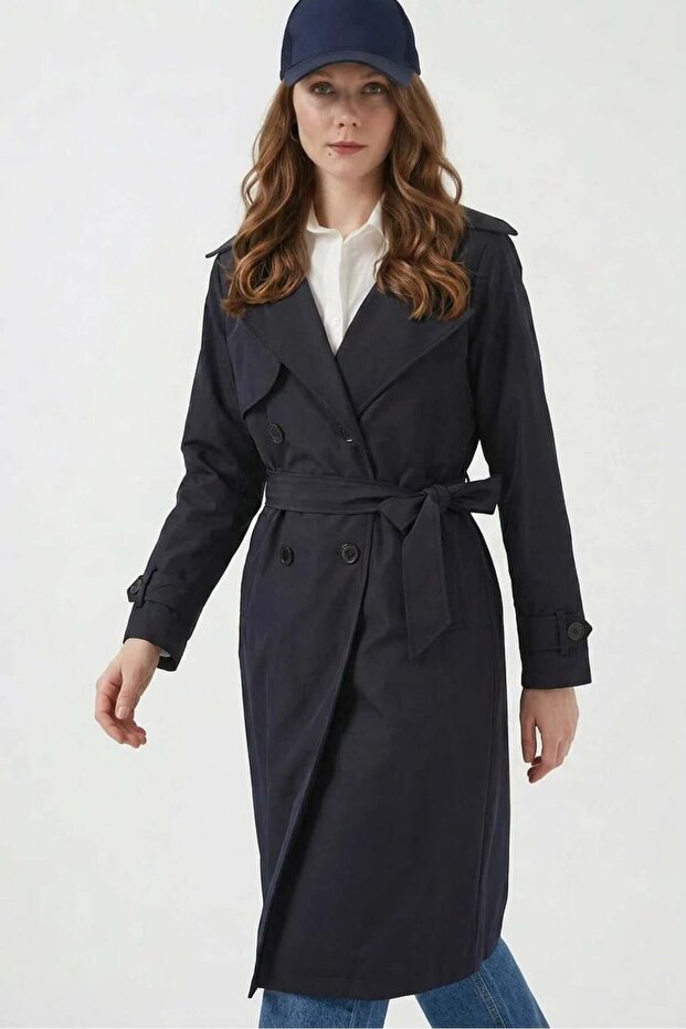 Women's Double Breasted Collar Belted Navy Blue Trench Coat