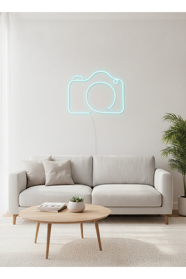Kamera Figürlü LED Neon Tablo | Buz Mavisi Aydınlatmalı Dekor | Fotoğrafçı Hediyesi - 3