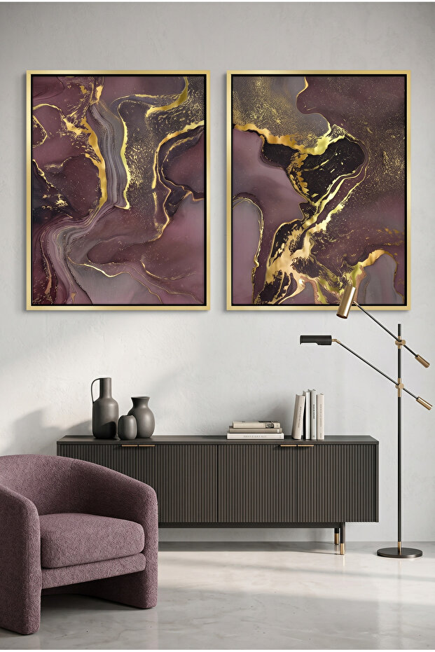 Royal Agate Set of 2 Abstract Wall Art | Framed Canvas Print with Gold Foil Embossed | Luxury Modern Decor for Living Room, Bedroom, Office & Gift