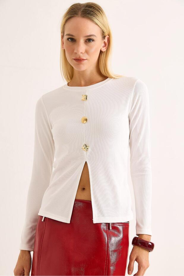 Gold Button Slit Blouse White