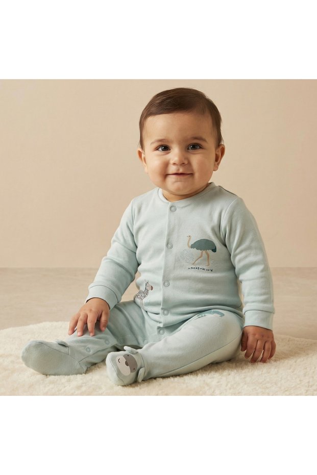Cotton V-neck Long Sleeve Sleepsuit with Safari Print
