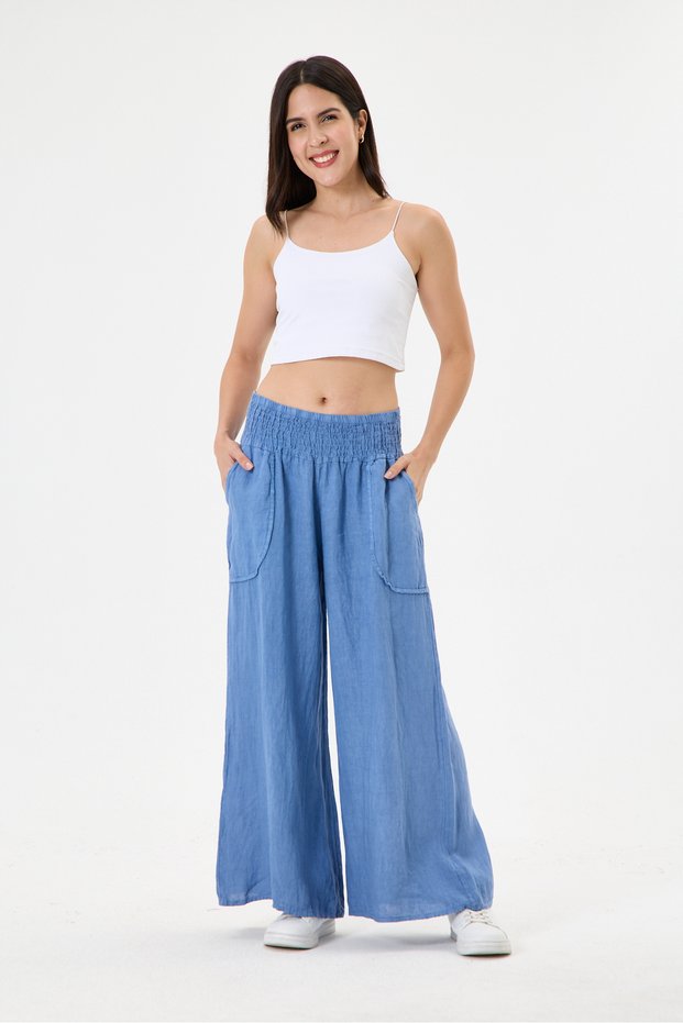 Women's Blue Italian 100% Linen Elastic Waist Wide Leg Palazzo Trousers Size 38 - 42