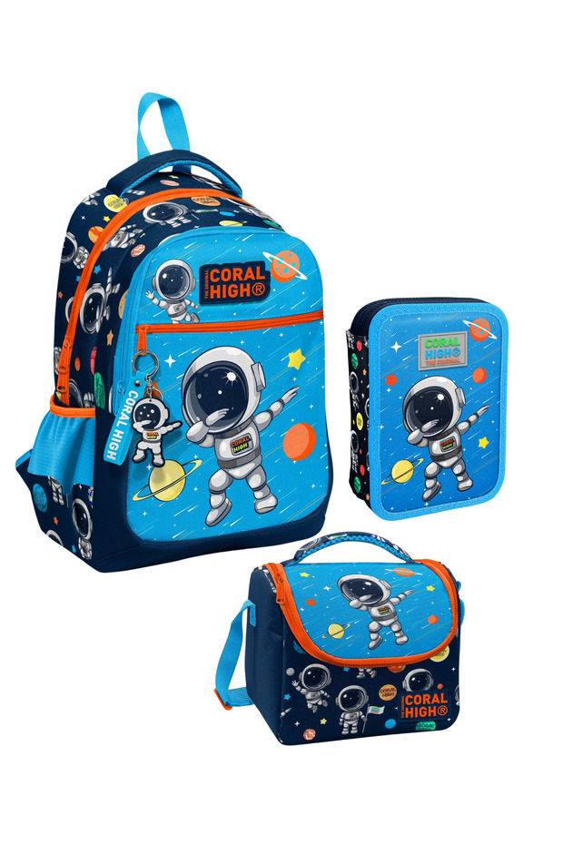 Navy Blue Astronaut Patterned 3-Piece School Bag Set