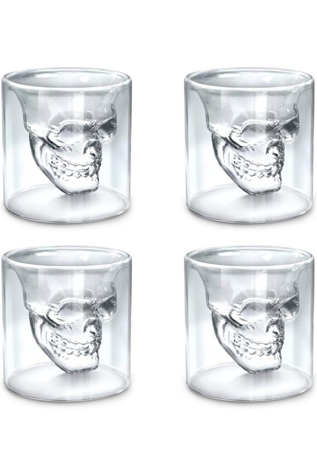 Skull Glass Cup Set of 4, Double Wall Crystal Skull Shot Mug Creative Drinking Glasses for Whiskey Cocktail Beer Wine Bar Home Party Gift (25mL)
