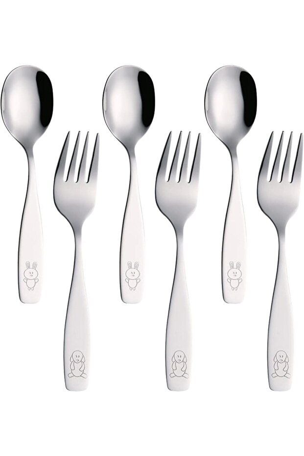 Children'S Cutlery Stainless Steel 6Pcs/ Kids Fork And Spoon Set - Dog & Bunny Engraved