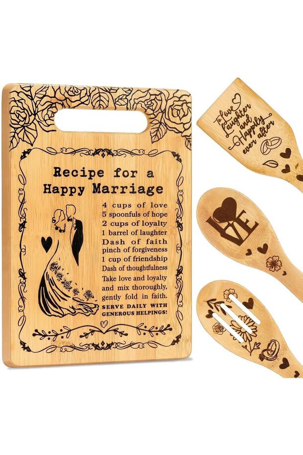 Wedding Kitchen Gift Set, Bamboo Cutting Board with Recipe Design, 3 Utensils, Decorative Marriage Theme