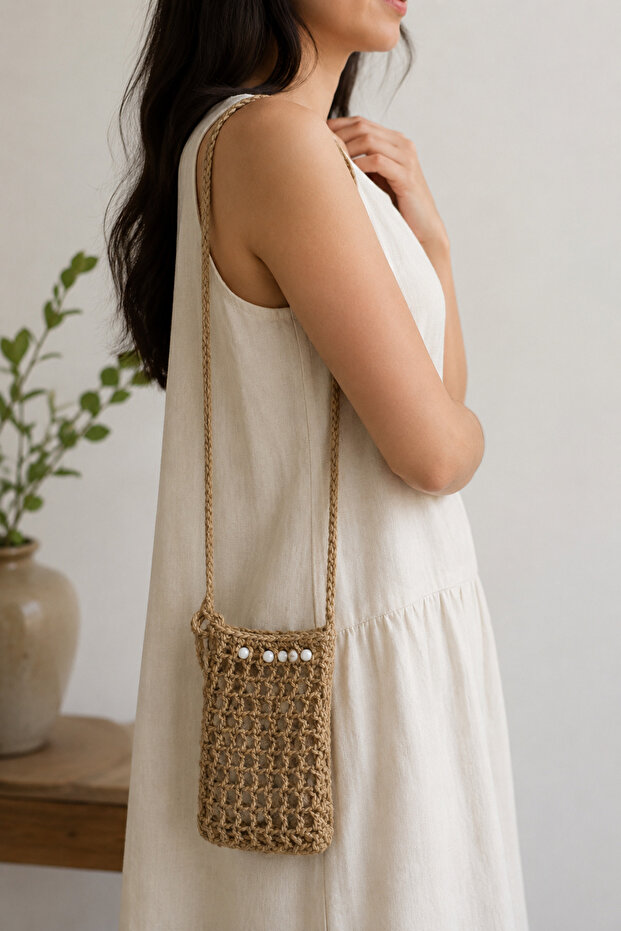 Hand-Knitted Shoulder-Hanging Jut Rope Phone Bag - 10 (Width) X 17 (Length) X 55 (Height) cm