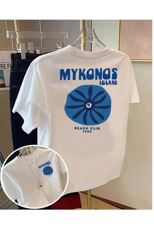 Unisex Mykonos Island Beach Club Printed Crewneck White T-Shirt