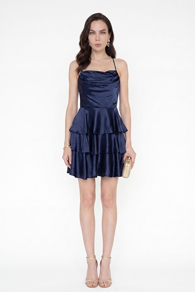 Women's Navy Blue Degaje Collar Backless Mini Satin Evening Dress