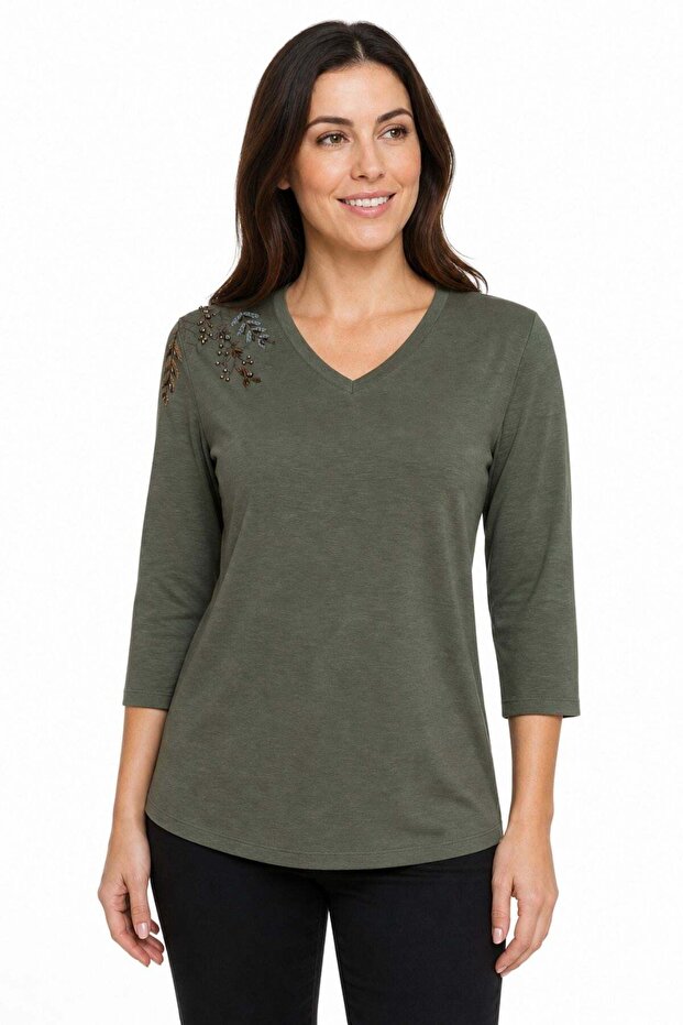 Women's V-Neck Embroidered Combed Cotton Blouse Khaki
