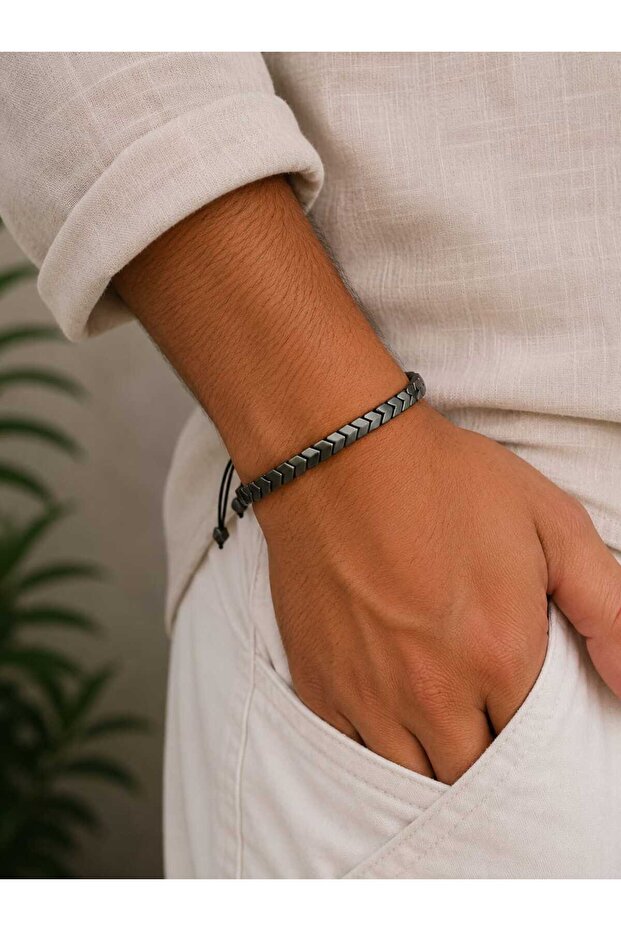 Matte Black Hematite Stone Adjustable Men's Bracelet – Chevron Design