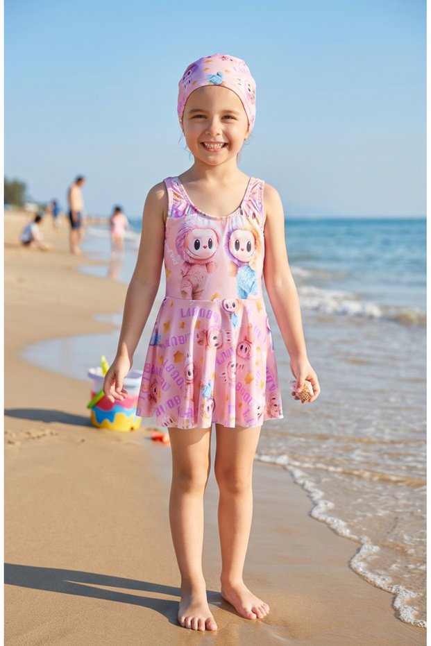 Girl's Skirted Swimsuit and Cap Set Sea Pool Swimsuit