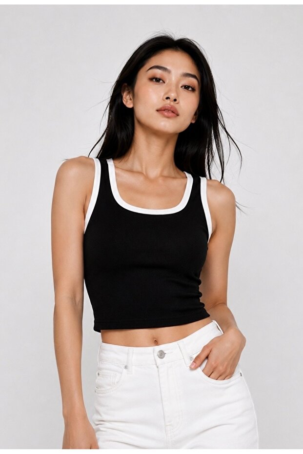 Women's Ribbed Contrast Trim Crop Tank Top – Black and White Basic Women's Tank Top