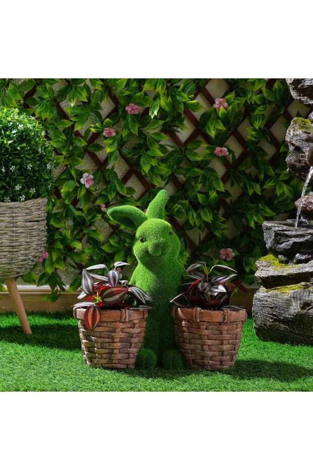 Moss Rabbit With 2 Planters 37.5x19x38cm - Green