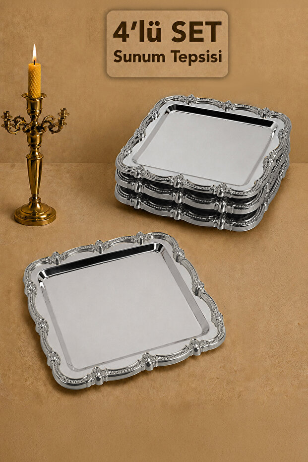 4-Piece Rose Patterned Tray - Stainless Steel Silver Frame Detailed Coffee and Catering Serving Presentation Tray