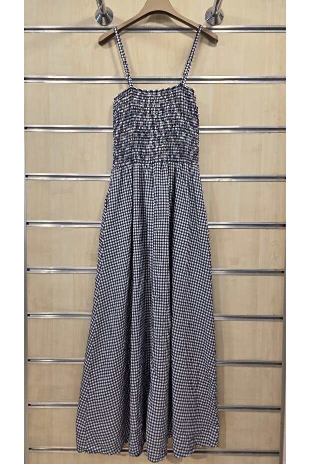 Rochie lungă din bumbac cu bretele și model Gingham - 4