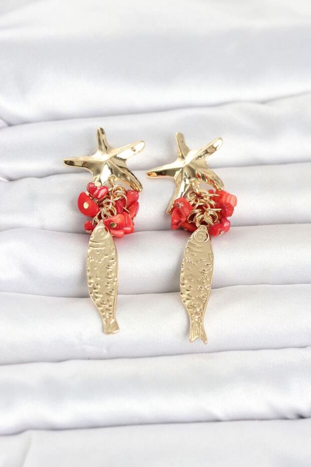 Gold Color Women's Earrings with Starfish and Fish Detail and Red Stone Tj-Bkp11795