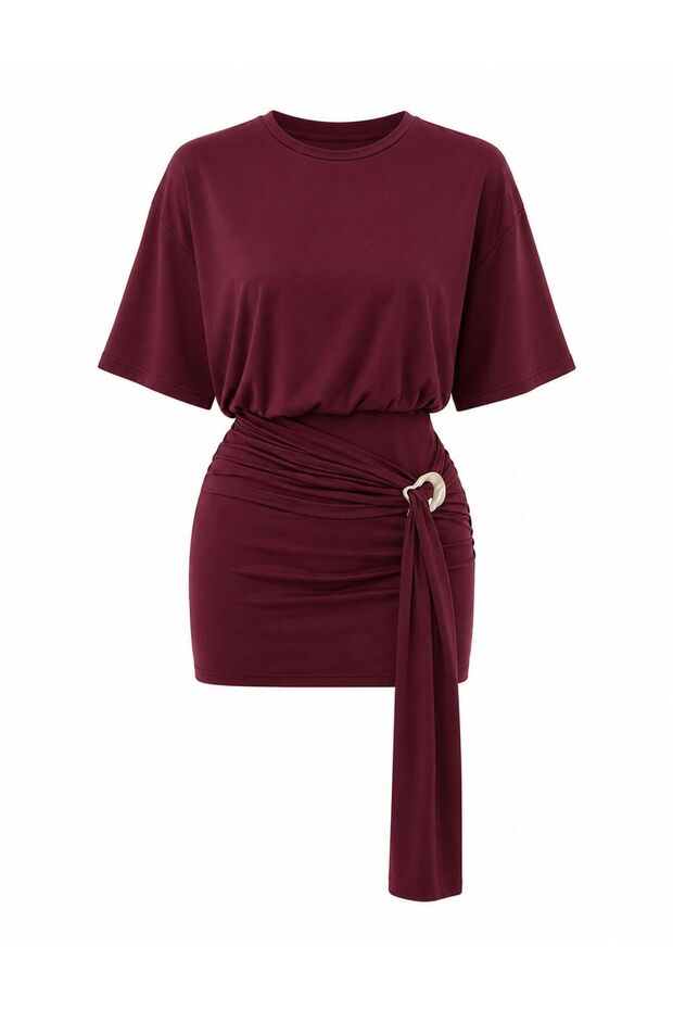 Loose Fit Bodycon Skirted Flowy Buckle Detailed Gathering Detail T-Shirt Dress