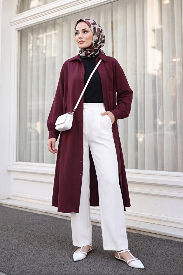 Buttoned Front Shirt Collar, Tieable Waist, Long Modal Tunic - Plum